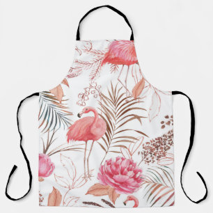 Pink flamingo, peony watercolor pattern. apron