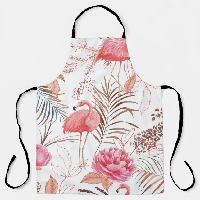 Pink flamingo, peony watercolor pattern. apron (Front)