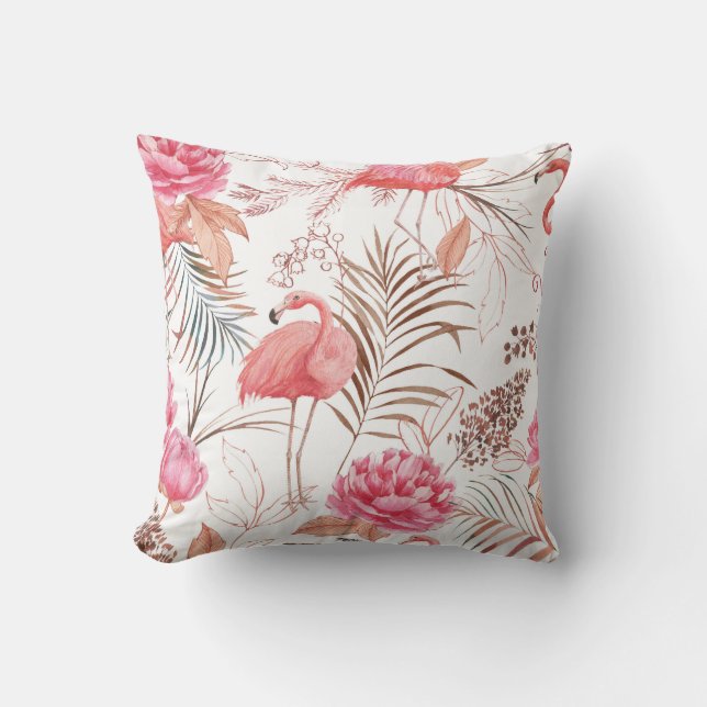 Pink flamingo, peony watercolor pattern. cushion (Front)