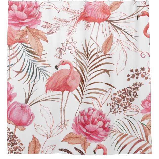 Pink flamingo, peony watercolor pattern. shower curtain (Front)