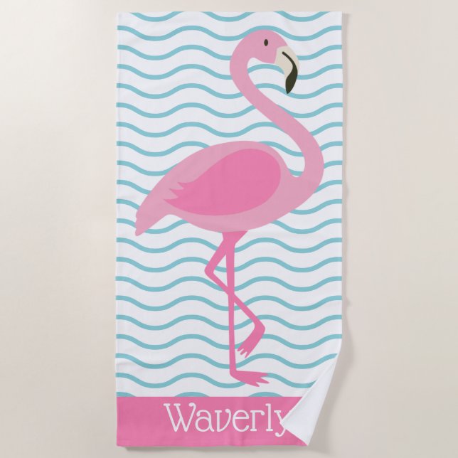 Pink Flamingo Personalised Beach Towel (Front)