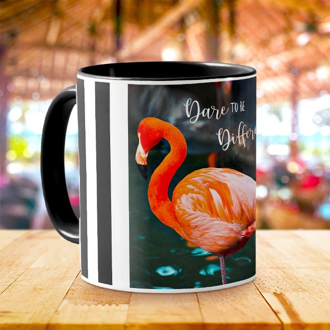 Pink Flamingo Photo Black White Stripes Dare Quote Mug (Creator Uploaded)
