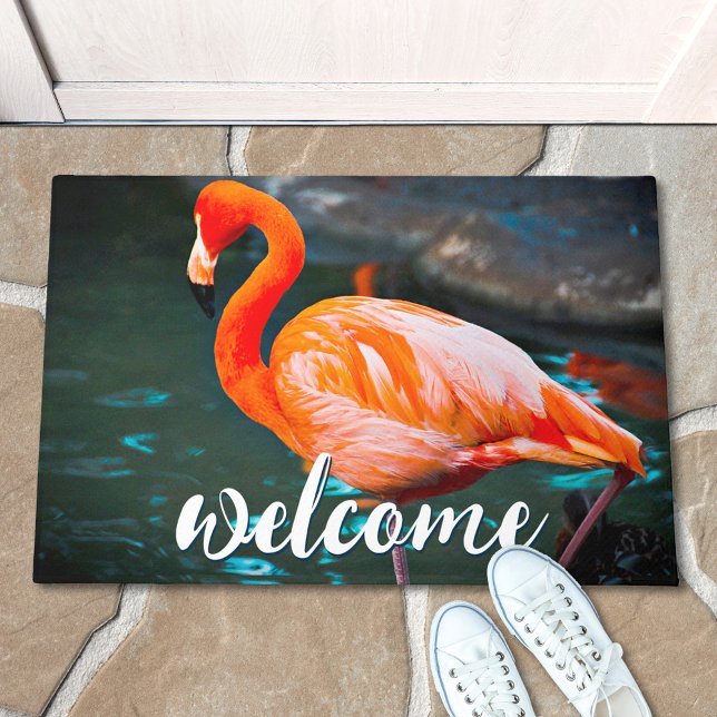 Pink Flamingo Photo Welcome Script Cute Colourful Doormat (Creator Uploaded)