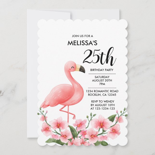 Pink Flamingo Pink Orchid Flora 25th Birthday  Invitation (Front)