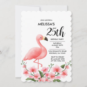 Pink Flamingo Pink Orchid Flora 25th Birthday Invitation