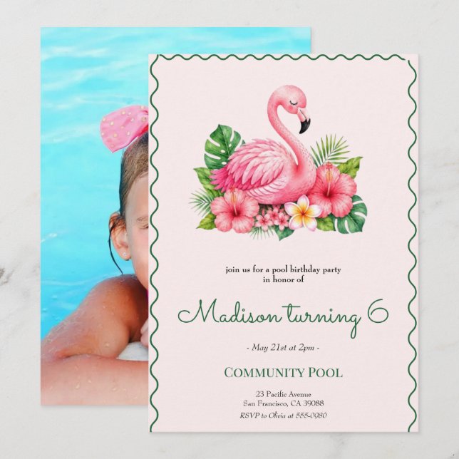 Pink Flamingo Pool Birthday Party Invitation (Front/Back)