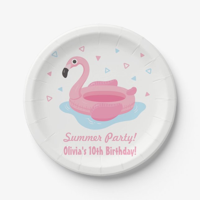 Pink Flamingo Pool Float Summer Party Plates (Front)