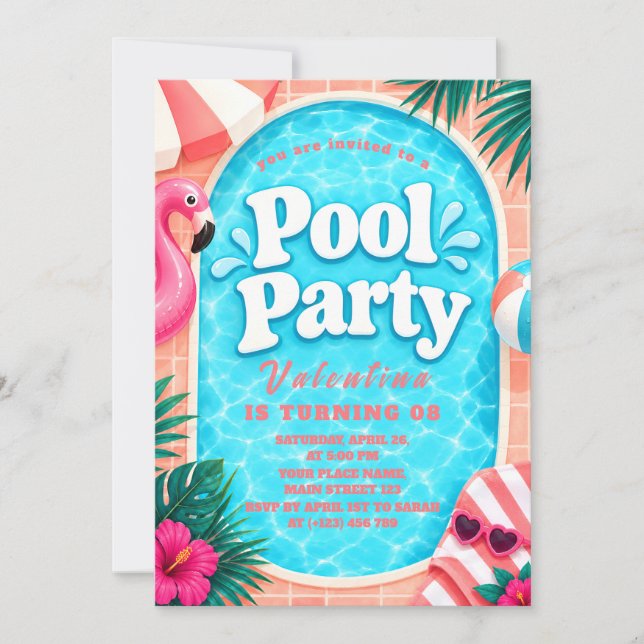 Pink Flamingo Pool Party Invitation (Front)