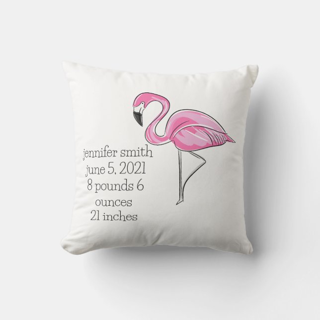 Pink Flamingo Preppy Personalised Birth Stats Cushion (Front)