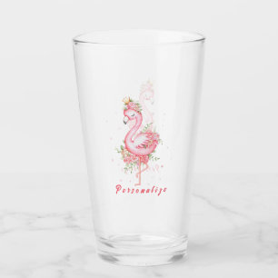 Pink Flamingo Pretty Gold Crown Rose Flowers Glass