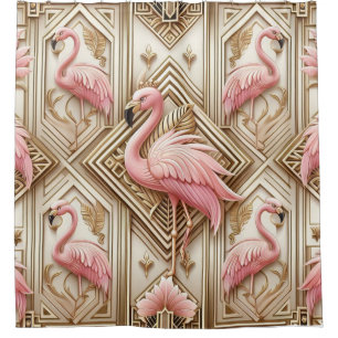 Pink Flamingo Retreat Retro Art Deco Flamingoes Shower Curtain
