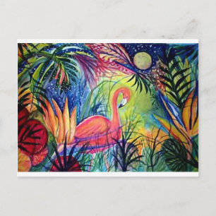 Pink Flamingo Sanibel Midnight Watercolor Painting Postcard