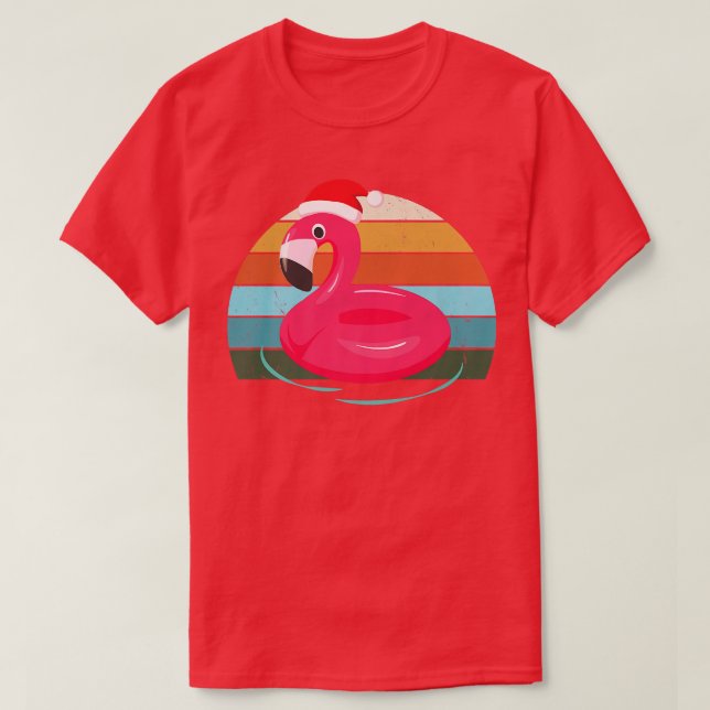 Pink Flamingo Santa Christmas Tree Lights Xmas Tee (Design Front)