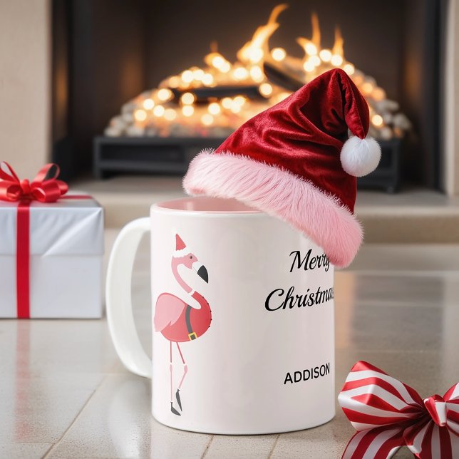 Pink Flamingo Santa Name Animal Christmas Two-Tone Coffee Mug (Add more fun and flamingos to you Christmas. Get this personalized mug for your holiday!)