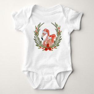 Pink Flamingo Santa Wreath Christmas Baby Bodysuit