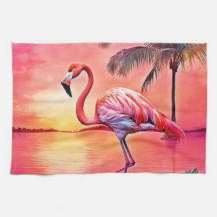 Pink Flamingo Scene Design Tea Towel