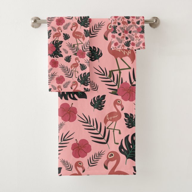 Pink flamingo seamless pattern flowers and leaves bath towel set (Insitu)