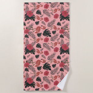 Pink flamingo seamless pattern flowers and leaves beach towel