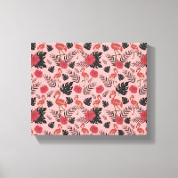 Pink flamingo seamless pattern flowers and leaves
