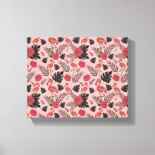 Pink flamingo seamless pattern flowers and leaves canvas print
