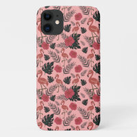 Pink flamingo seamless pattern flowers and leaves