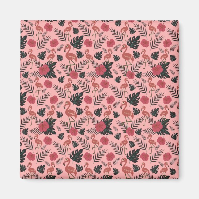 Pink flamingo seamless pattern flowers and leaves magnet (Front)