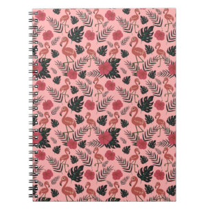 Pink flamingo seamless pattern flowers and leaves notebook