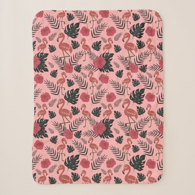 Pink flamingo seamless pattern flowers and leaves sherpa blanket (Front)