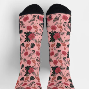 Pink flamingo seamless pattern flowers and leaves socks