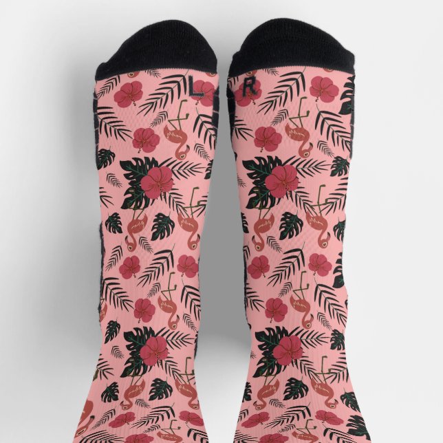Pink flamingo seamless pattern flowers and leaves  socks (Top)