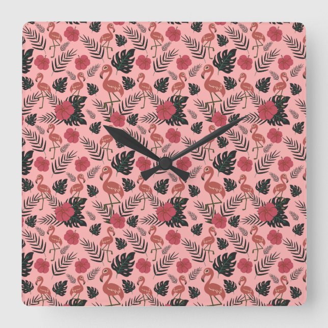 Pink flamingo seamless pattern flowers and leaves square wall clock (Front)