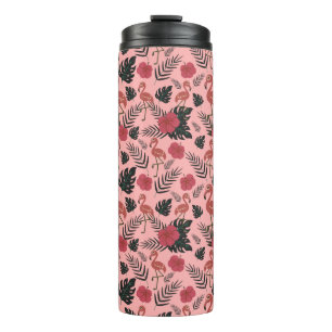 Pink flamingo seamless pattern flowers and leaves thermal tumbler