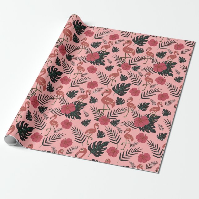 Pink flamingo seamless pattern flowers and leaves wrapping paper (Unrolled)