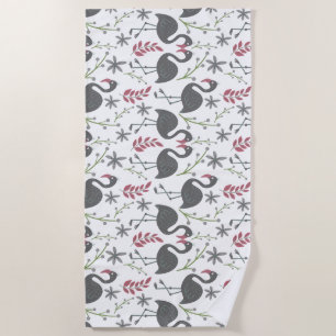 Pink flamingo seamless pattern flowers, leaves beach towel