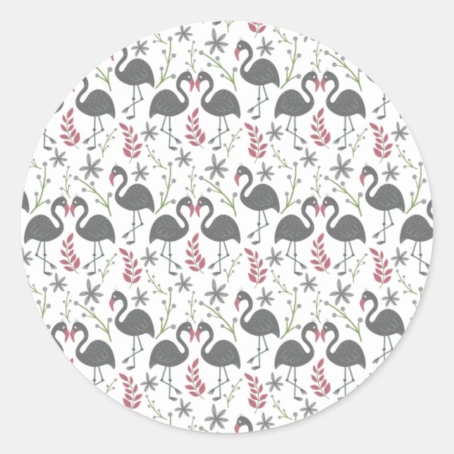 Pink flamingo seamless pattern flowers, leaves classic round sticker (Front)