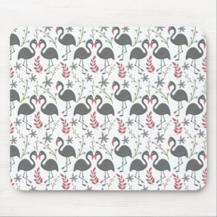 Pink flamingo seamless pattern flowers, leaves mouse pad
