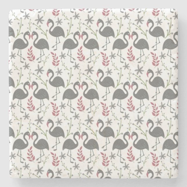Pink flamingo seamless pattern flowers, leaves stone coaster (Front)