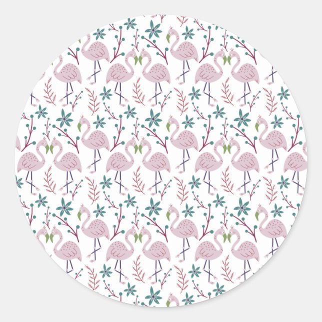 Pink flamingo seamless pattern on white background classic round sticker (Front)