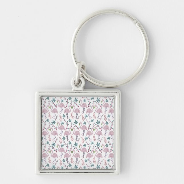 Pink flamingo seamless pattern on white background key ring (Front)