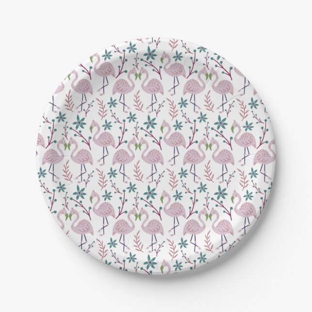 Pink flamingo seamless pattern on white background paper plate (Front)