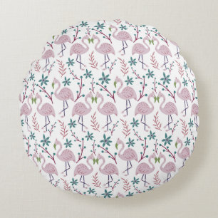 Pink flamingo seamless pattern on white background round cushion