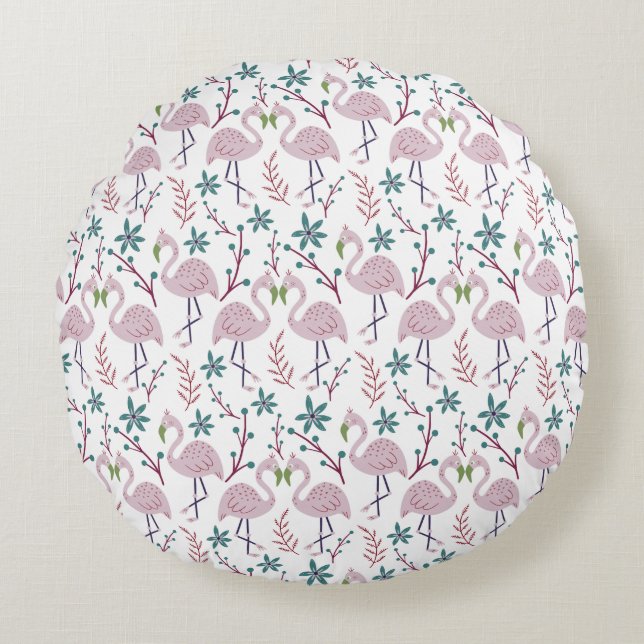 Pink flamingo seamless pattern on white background round cushion (Front)