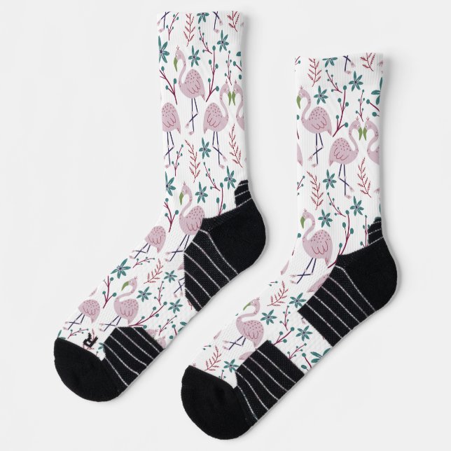 Pink flamingo seamless pattern on white background socks (Left)