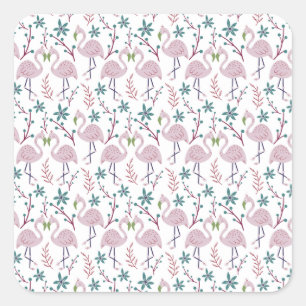 Pink flamingo seamless pattern on white background square sticker