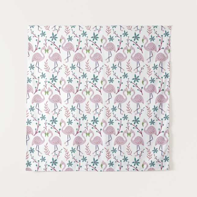 Pink flamingo seamless pattern on white background tapestry (Front)