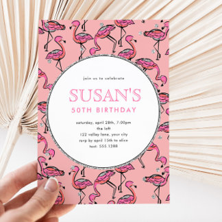 Pink Flamingo Silver Glitter Birthday Party Invitation