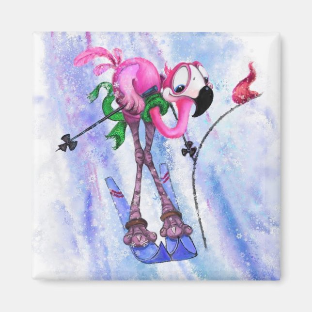 Pink Flamingo Skier Magnet Cartoon Fun (Front)