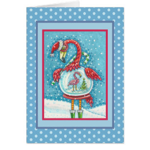 PINK FLAMINGO SNOWGLOBE, CHRISTMAS GREETING CARD V