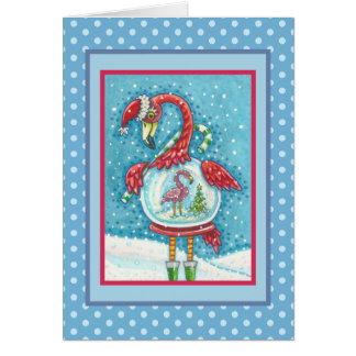 PINK FLAMINGO SNOWGLOBE, CHRISTMAS GREETING CARD V