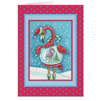 PINK FLAMINGO SNOWGLOBE, CHRISTMAS GREETING CARD V